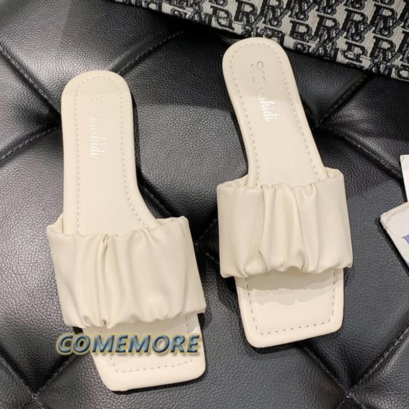 Woman Flat Slides Slippers Summer 2024 Stylish Square Head Pleated Sandals for Women Casual Flip Flops Solid Color Shoes Fashion