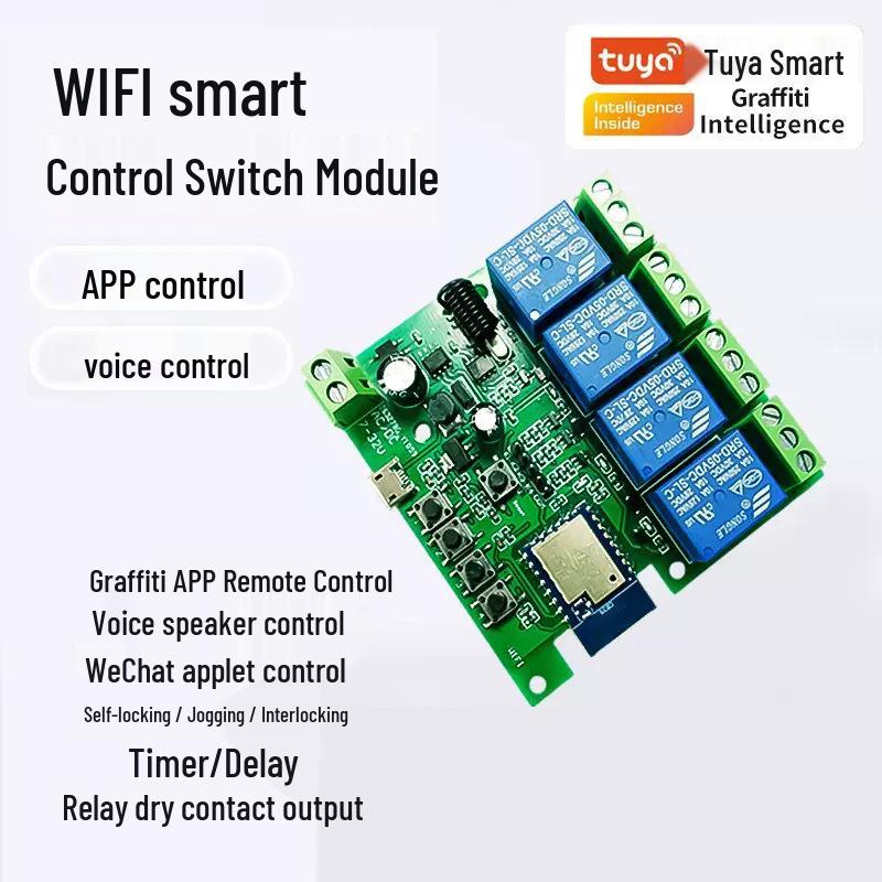 Graffiti Tuya 3-Mode WiFi Smart 4-Channel Power Switch Module with DC7-32V Circuit Breaker & Voice Control.