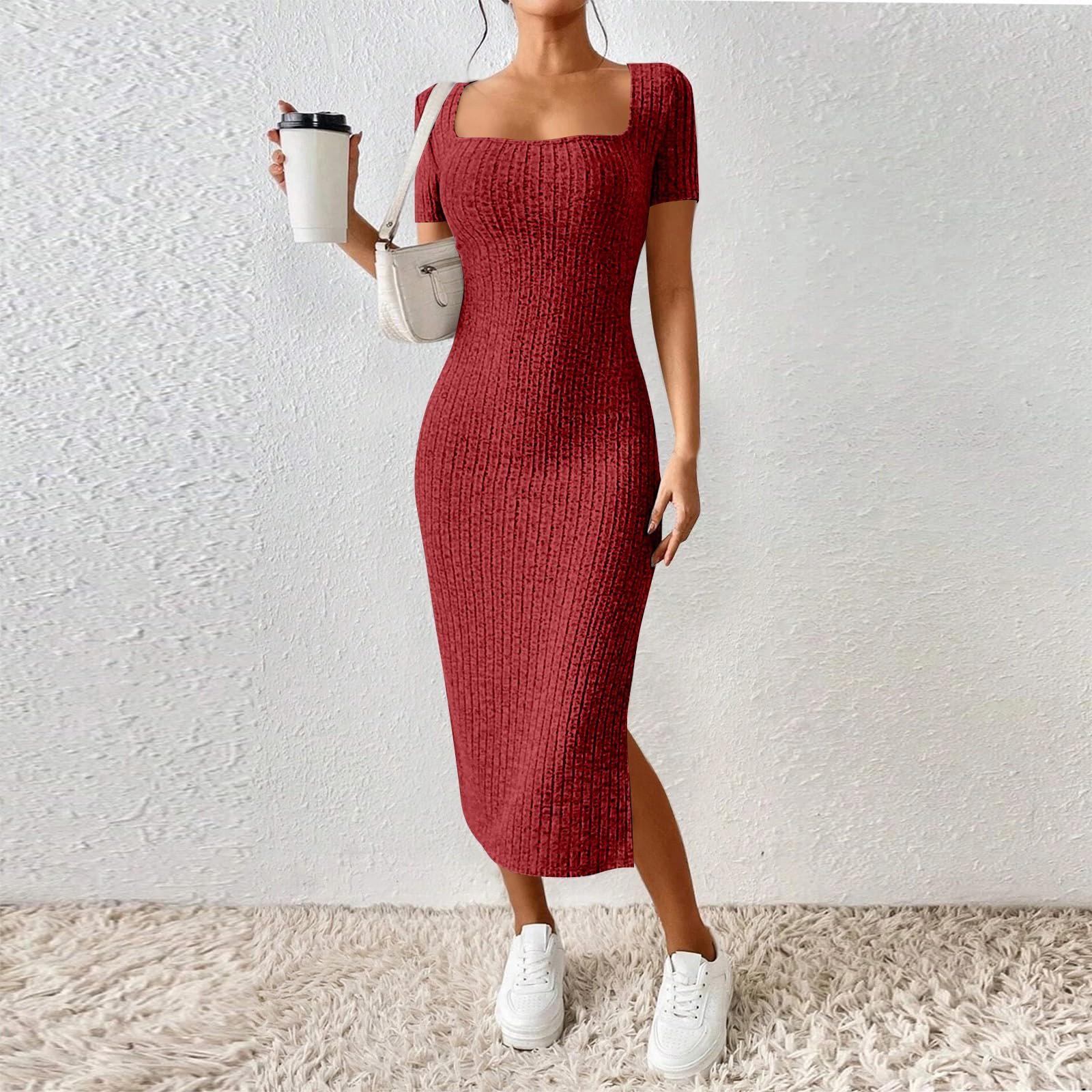 

Women s New French Stand Alone Square Neck Short Sleeve Side Slit Dress XL винний