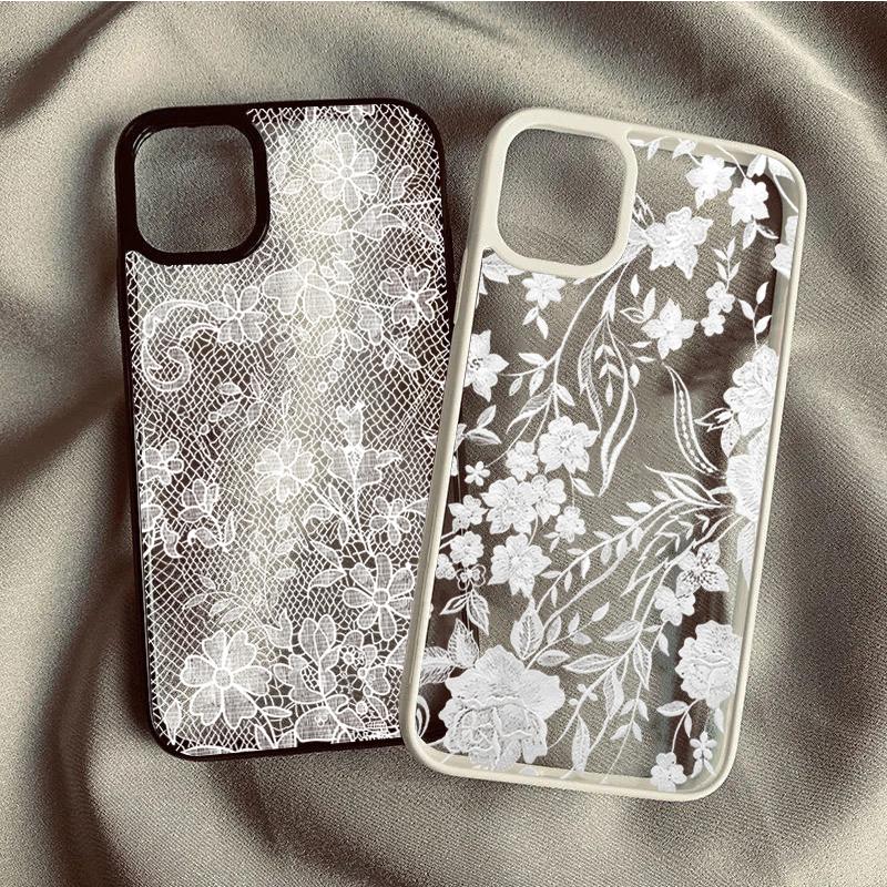 Funda de Teléfono Transparente con Encaje Blanco Estilo Ins para iPhone 17 16 15 14 13 12 11 Pro Max 16 Plus Fundas de Cobertura Dura a Prueba de Golpes