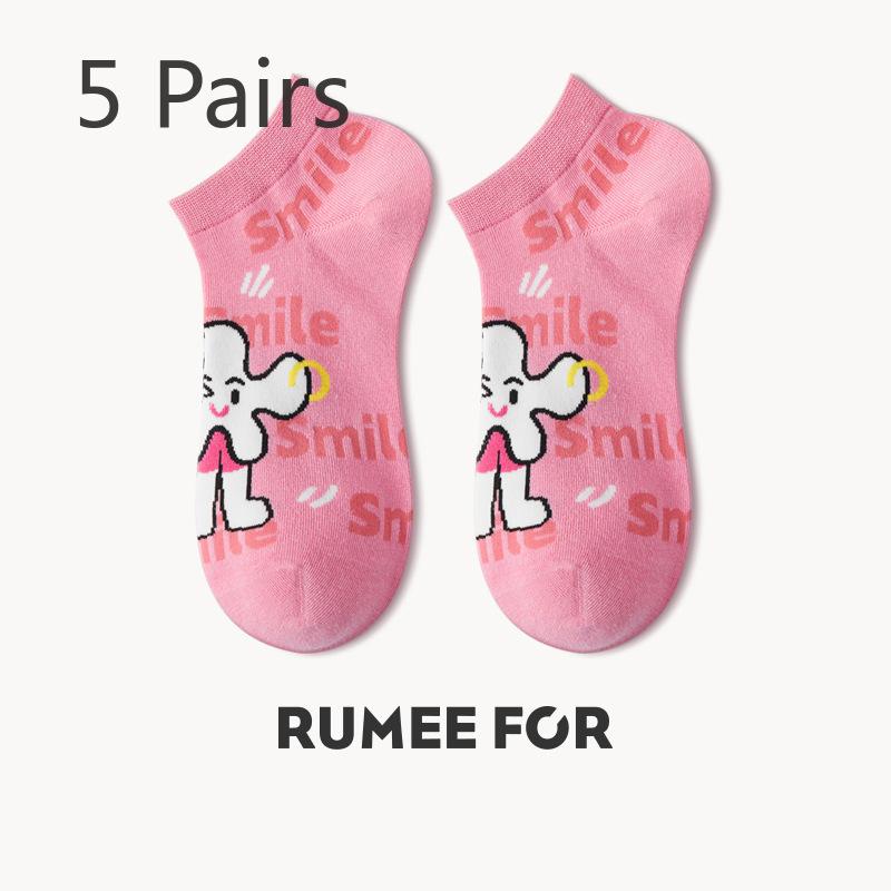 5 Pairs of Female Summer Thin Deodorant Sweat Absorbing Lovely Breathable Shallow Mouth Cartoon Boat Socks