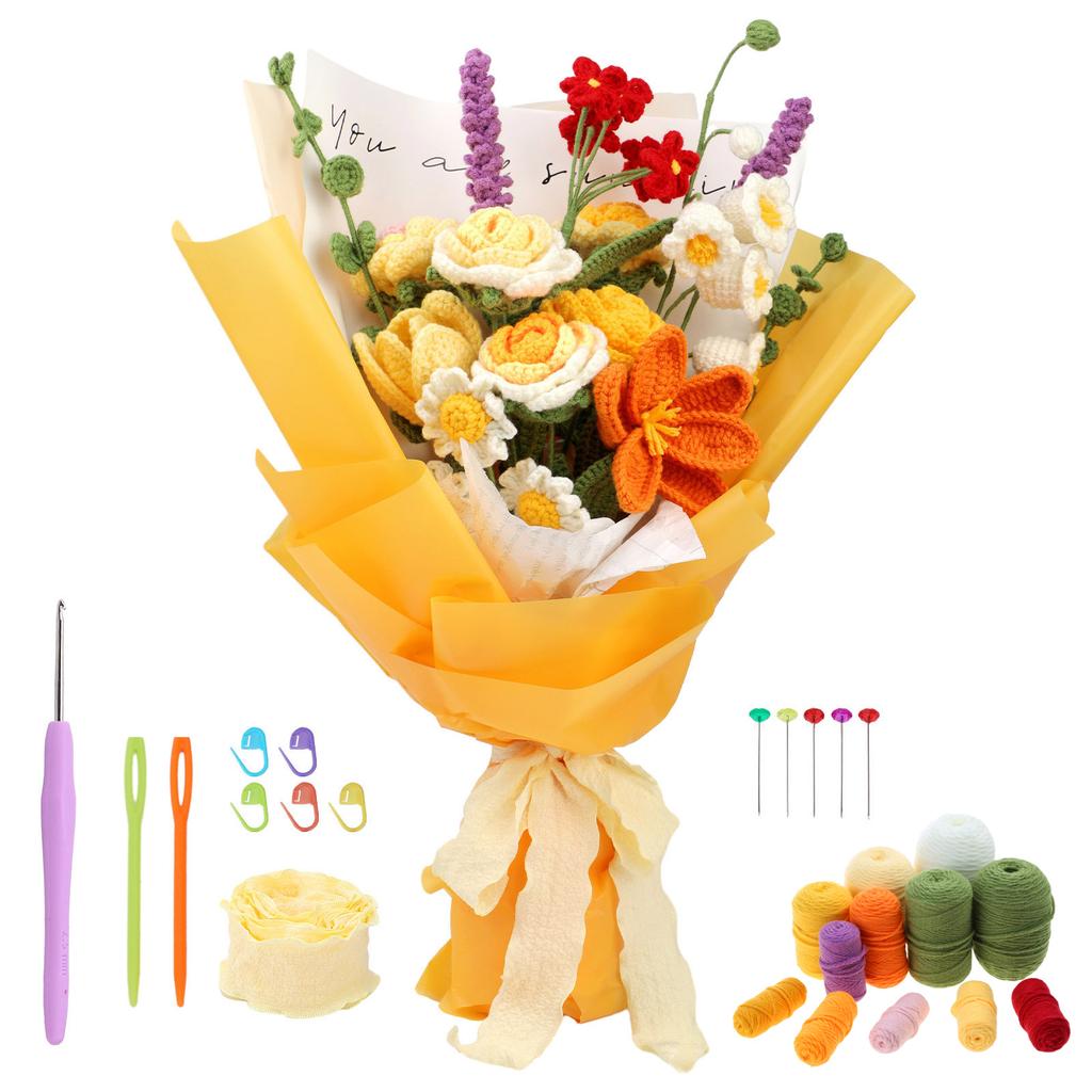 DIY Crochet Flower with Yarn Crochet Hook Needle Step-by-Step Instruction Knitting Markers for Kid Adult DIY Craft