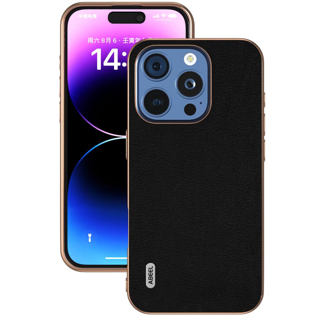 ABEEL For iPhone 16 Pro Max Case Electroplating Edge Genuine Cow Leather+PC+TPU Phone Cover
