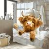 Funny Highland Cow Shower Curtain - Country Western Style Waterproof Fabric with Hooks - Cute Animal Bathroom Decor