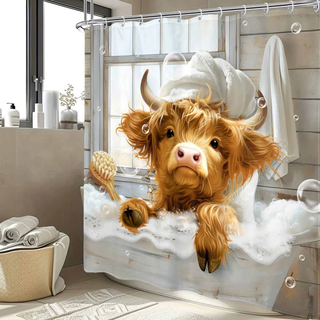 Funny Highland Cow Shower Curtain - Country Western Style Waterproof Fabric with Hooks - Cute Animal Bathroom Decor