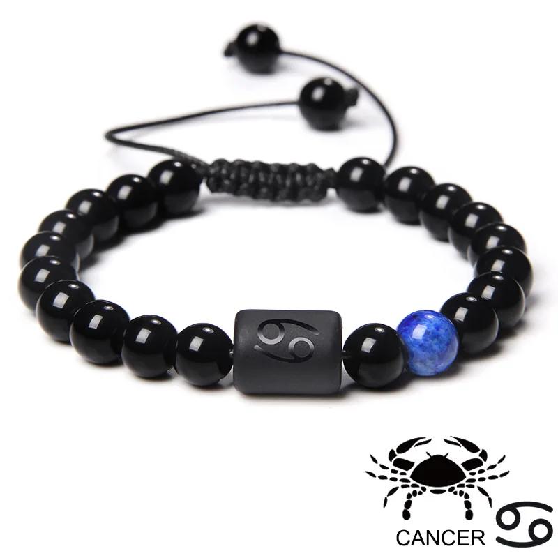 12 Constellation Zodiac Signs Bracelet Black Onyx Beads Cancer Leo Onyx Braided Bracelet for Women Men Couples Jewelry Gift