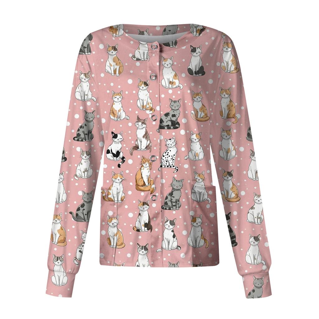 Women's Casual Long Sleeve Single Button Cardigan Animal Print Lightweight Open Front Workwear Top for Caregivers and Professionals