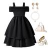 Girls' Princess Dress: 2025 Summer One-Shoulder Strappy Pleated Double-Layer Hem