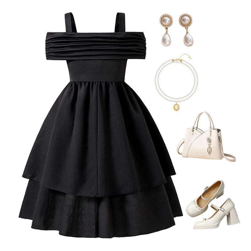 Girls' Princess Dress: 2025 Summer One-Shoulder Strappy Pleated Double-Layer Hem
