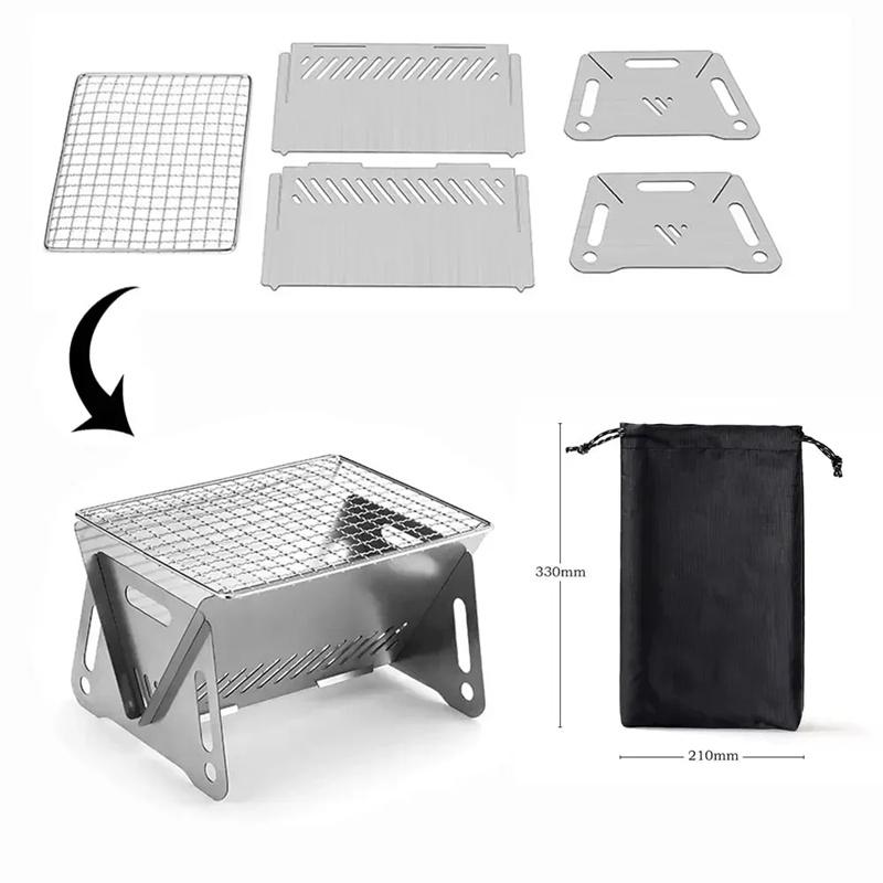Portable Folding Barbecue Grill Heating Stoves Multifunction Camping BBQ Grill Rack Net Firewood Stove Stainless Steel BBQ Grill