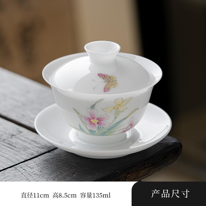 135ml Handbemalter Narzissen Gaiwan Japanischer Weißer Jade Ton Porzellan Teekanne Teekannenabdeckung Schale Trinkzubehör Geschenk