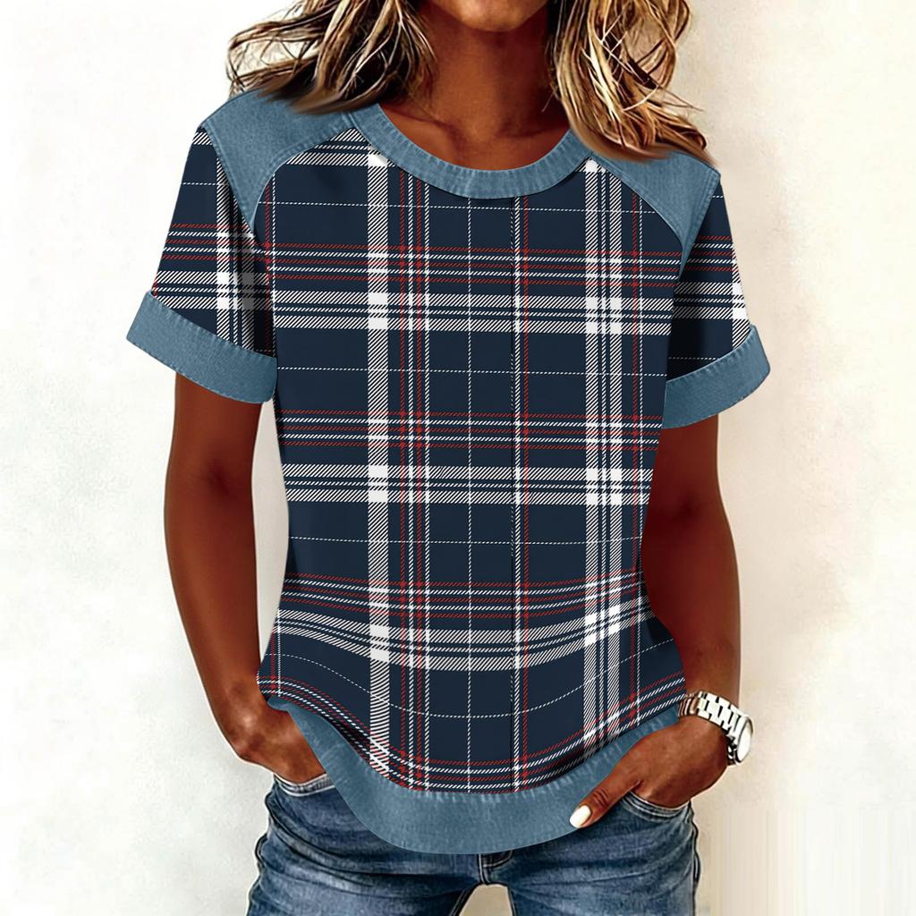 Women Denim Collar Patchwork Stitching Sweatshirt Casual  Printed Pullover Short Sleeve Shirts