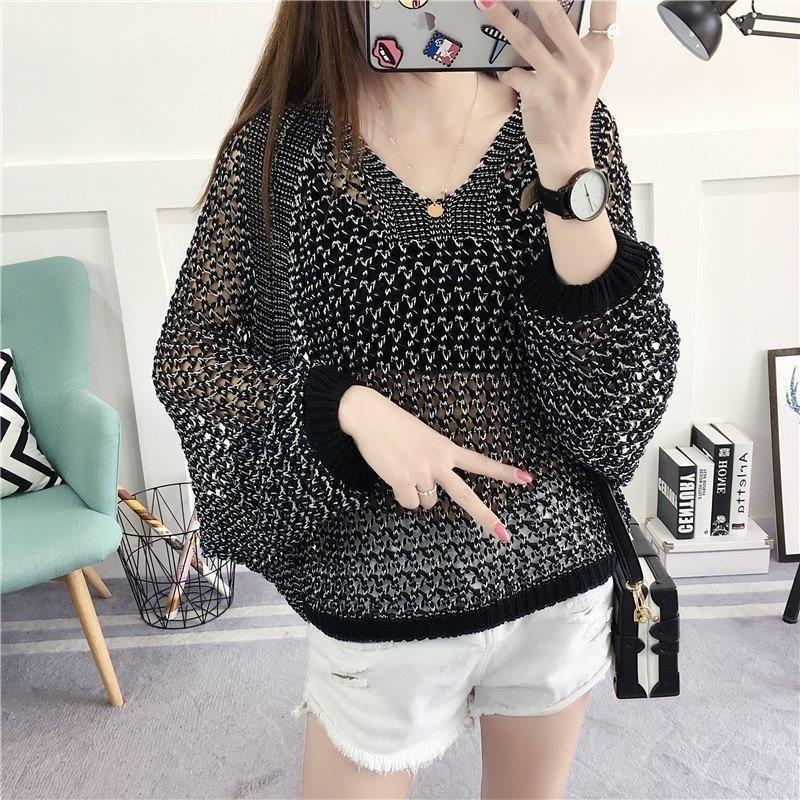 Women's Loose Batwing Sleeve V-Neck Knit Top - Korean Style for Spring/Summer