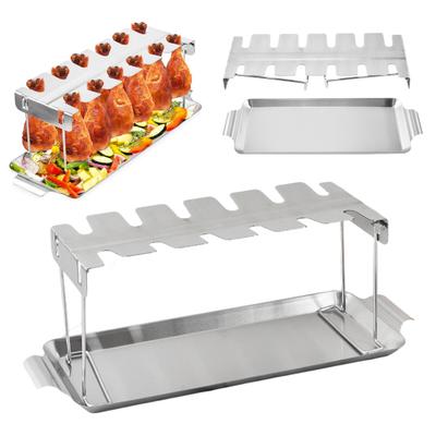 Chicken Leg Rack for Grill 12 Slots Stainless Steel Drumstick Rack with Drip Tray Foldable Chicken Wing Rack for Even