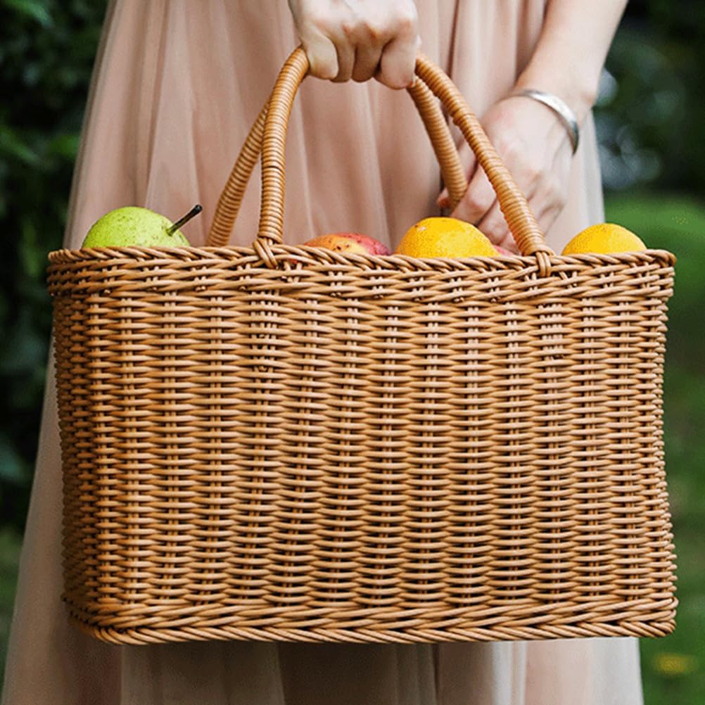 Alipis Decorative Woven Basket with Handle, Brown Plastic Rattan Flower Arrangement Basket for Storage, Picnic, Home Decor, Fruits, Vegetables,