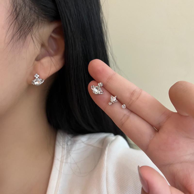1Set Y2K Bowknot Heart Zircon Stud Earrings For Women Girls Silver Color Exquisite Earrings Set Trendy Jewelry Party Gifts