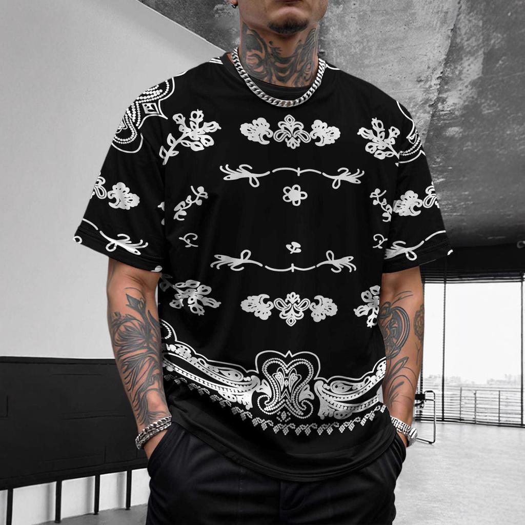 Bohemian Bandana Patterned Short - Sleeve Tops Summer Round Neck 3D Print Fashionable Casual Men's T-shirts