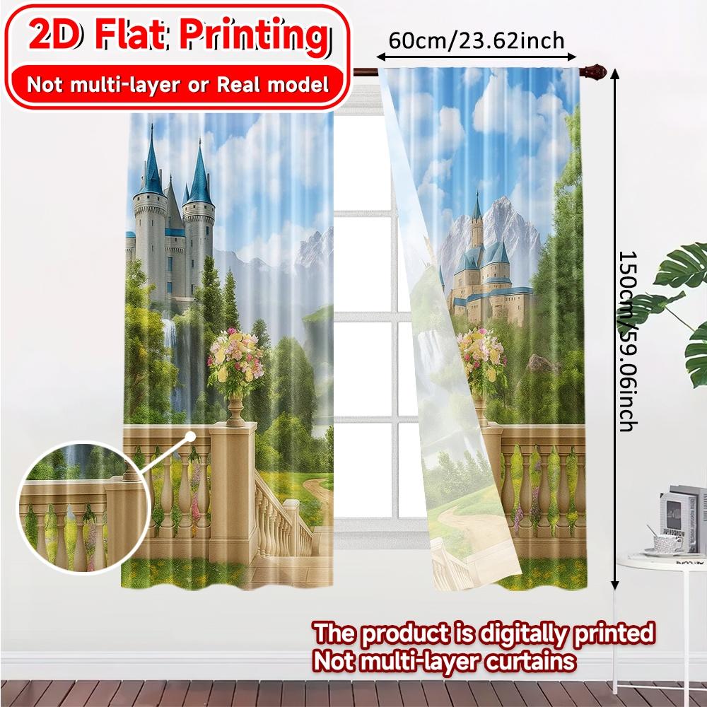 2pcs   2D FLAT PRINTING Curtains (Without Rod) Enchanted Castle Holiday Halloween Christmas Printed Curtains Versatile Fabric