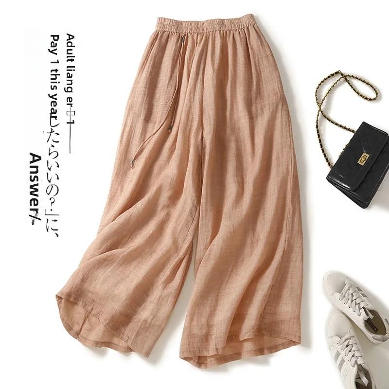 Lightweight Draped Flax Women's Pants Summer Loose Wide Leg Casual Slimming Nine Point Vintage Trousers for Women