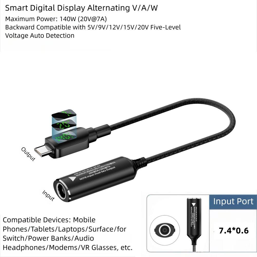 Digital Display DC To Type-C Converter USB-C Output PD 140W Charging Cable Adapter 5V 9V 15V 20V Input Intelligent