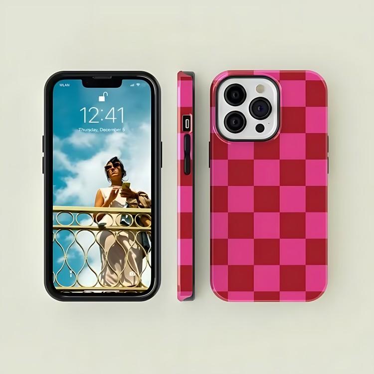 Custodia a scacchi rosa rossa per iPhone 17 17e 16e 16 15 14 13 12 11 X XS XR XSMAX 7 8 Air Pro Max Plus Copertura posteriore a doppio strato