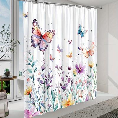 Colorful Butterfly & Flower Shower Curtain - Polyester, 12 Hooks, 70.8x70.8 Inches, Perfect for Bathroom Decor