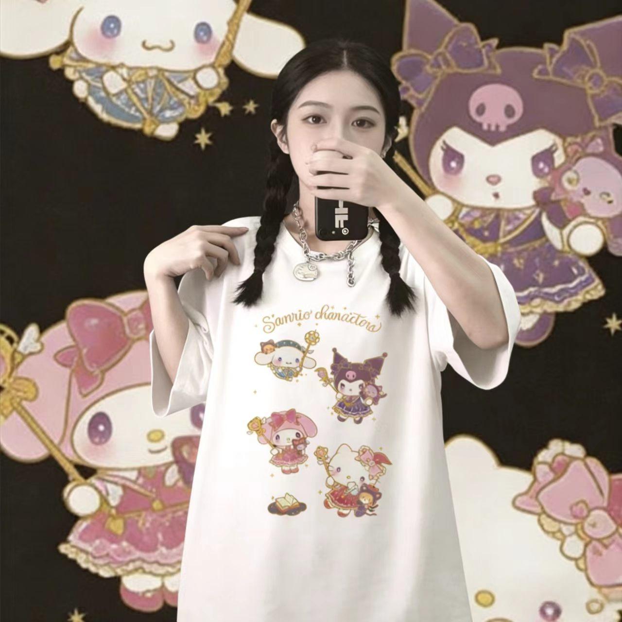 

Sanrios 2026Summer New Collection HelloKitty Cartoon Print Pure Cotton LooseFitting Breathable Womens ShortSleeved TShirt S