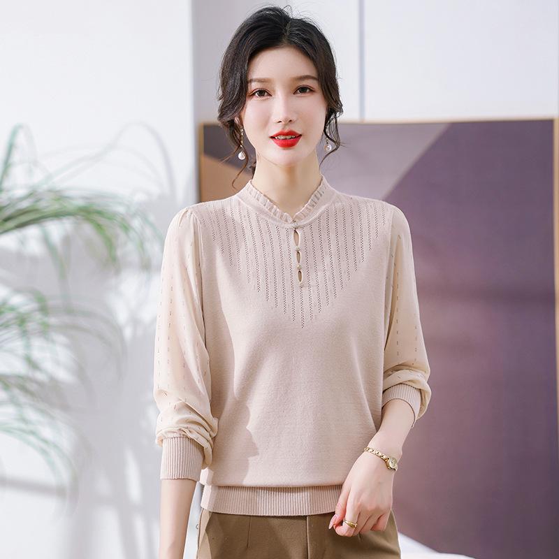 

Spring Knit Top Set for Mom: Loose Long Sleeve Base Layer, Two-Piece for Middle-Aged and Elderly 3XL (Recommended 72.5-80 kg) бежевый