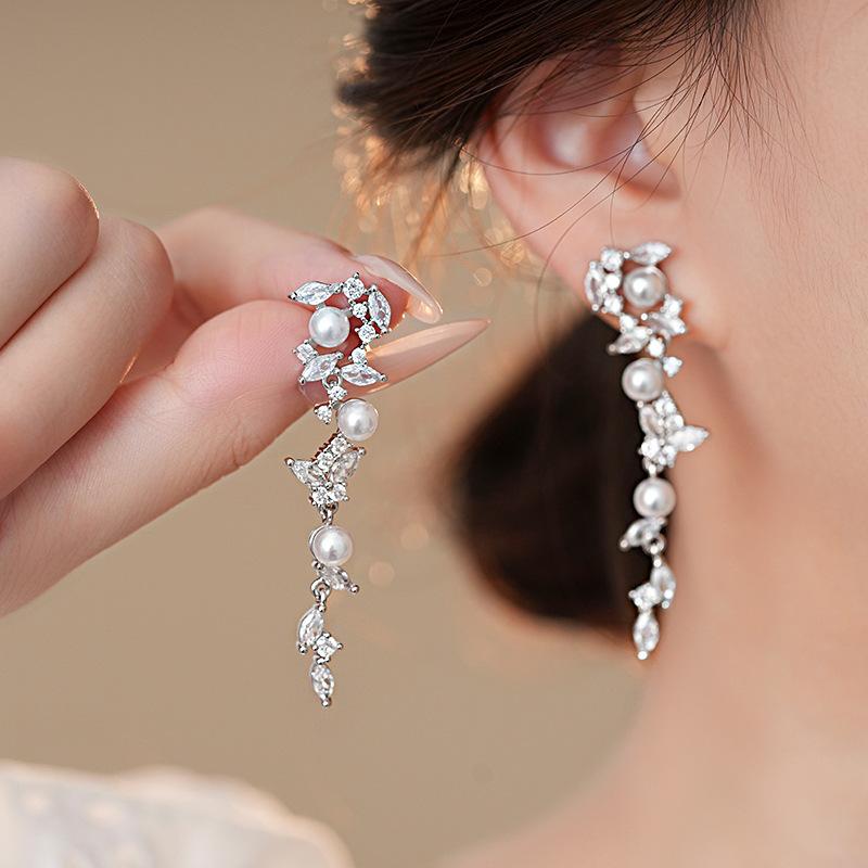 Silver needle rice artificial pearl zircon wheat ear fringed stud earrings temperament earrings earrings