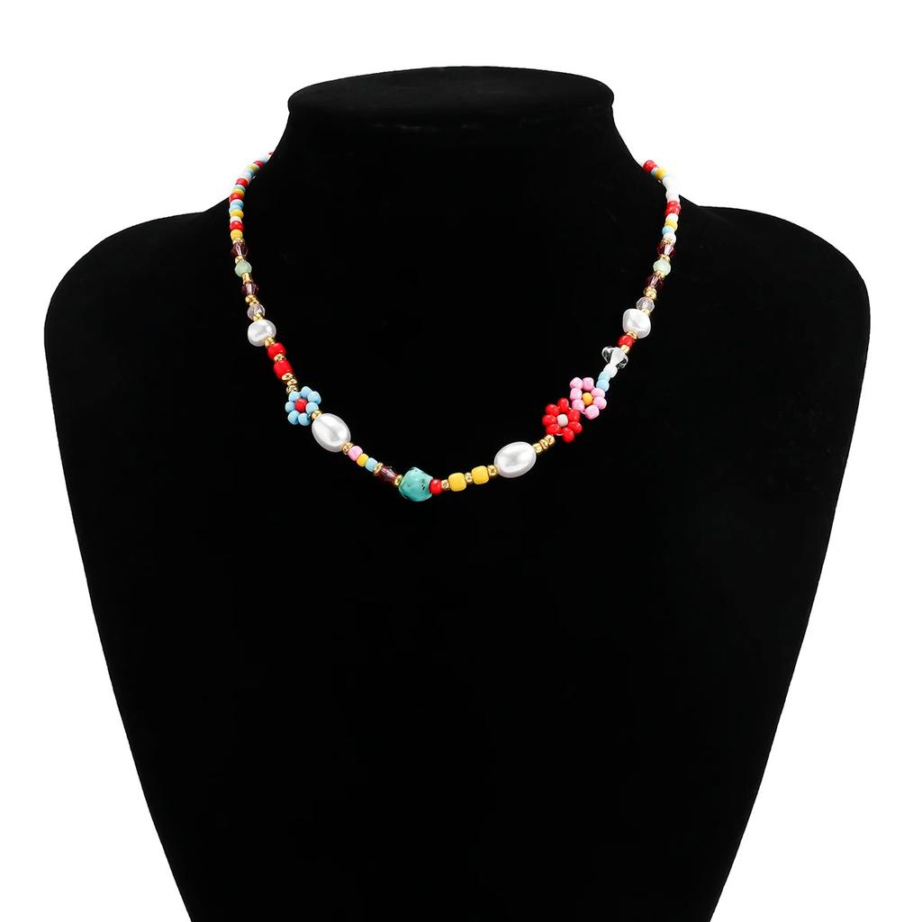 Baroque Hand-woven Simulated Pearls Cute Flowers Colorful Beaded Short Clavicle Chain Choker Necklace for Women Girls