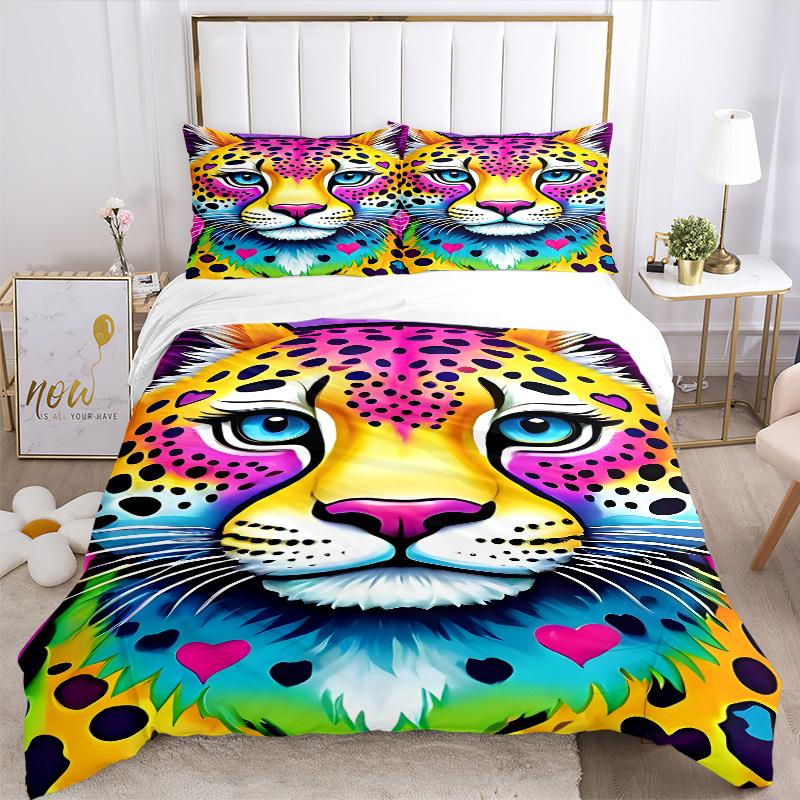 3PCs Colorful Leopard Print Design Cover Set, Breathable Fabric, Machine Washable (1 Duvet Cover + 2 Pillowcases) (Without Quilt) yy250911157