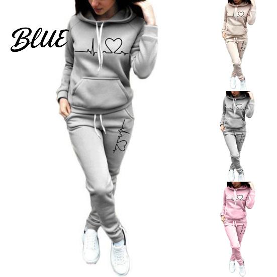 Thick 2 Pcs/Set Lady Tracksuit Heart Print Warm Hoodie Suit Breathable Solid Color for Daily Wear Autumn