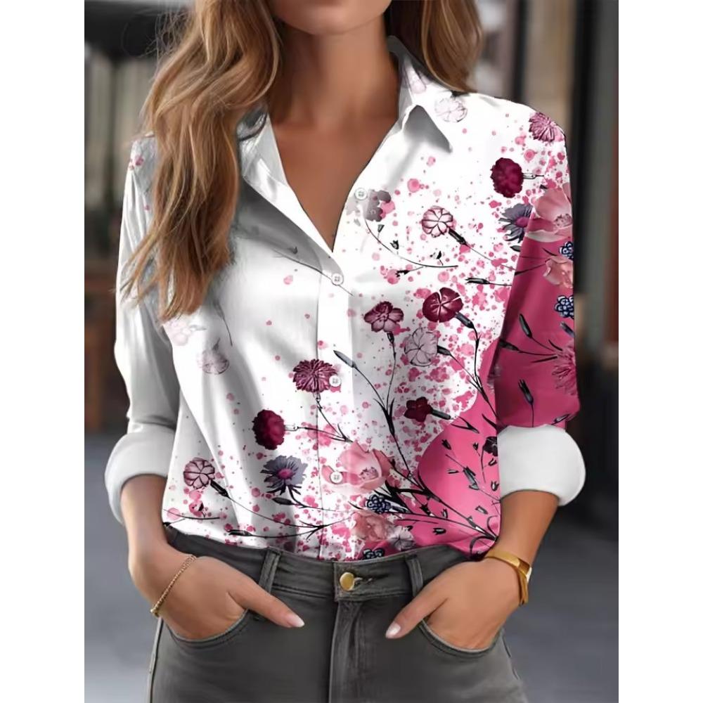 Women Casual Feather Print Turn Down Collar Long Sleeve Shirt White Pink Blue for Autumn Woman Clothing