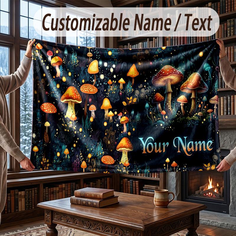 Mushroom Forest Theme Throw Blanket Custom Name Text Personalized Blanket Soft Cozy Blanket for Home Sofa Bed