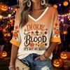 Women's Casual V-Neck Three-Quarter Sleeve Top with Halloween Print for Holiday Parties