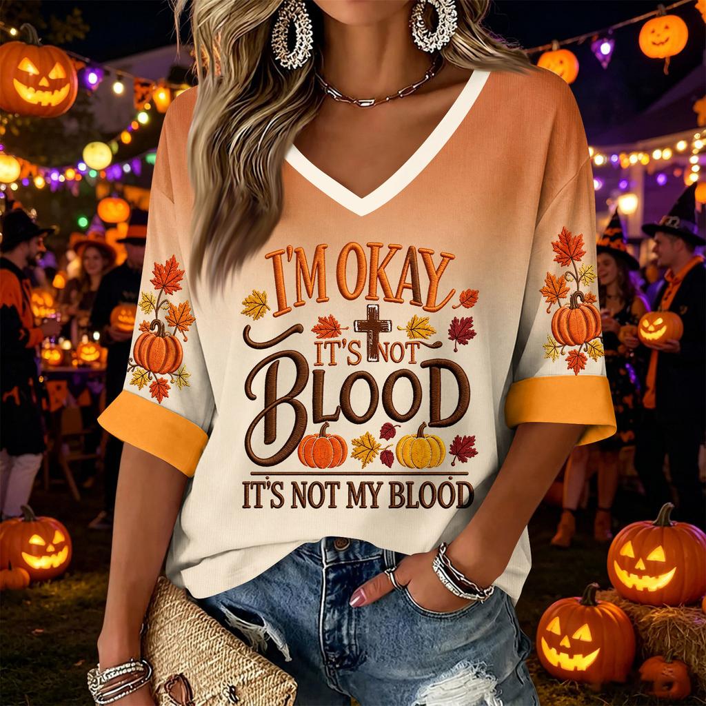 Women's Casual V-Neck Three-Quarter Sleeve Top with Halloween Print for Holiday Parties