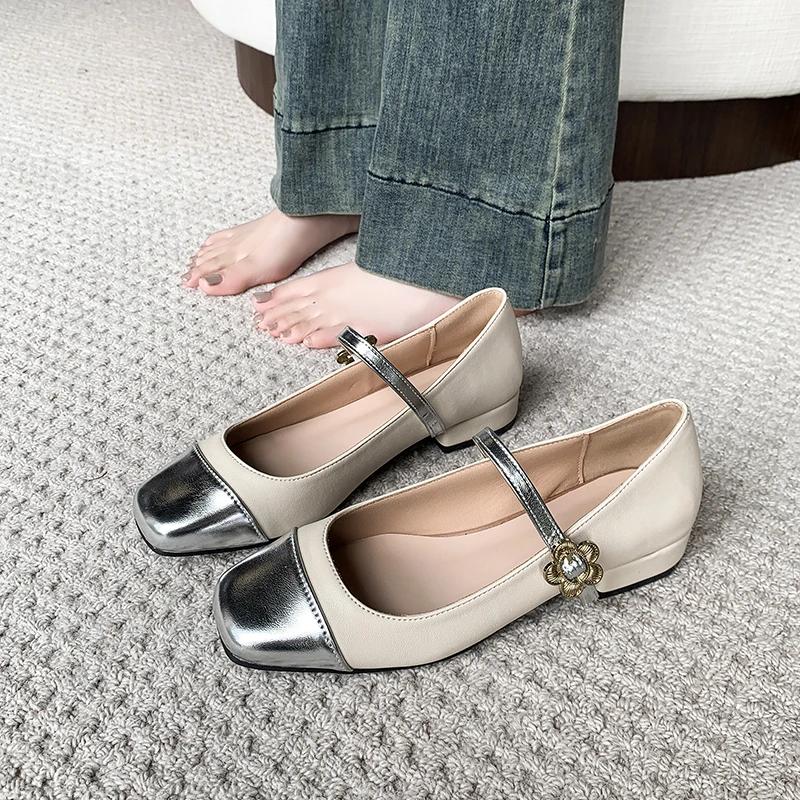 Fashion Spring New Coarse Heel Shoes Women's Round Head Shallow Mouth Splicing Anti-slip Wear-resistant Single Shoes