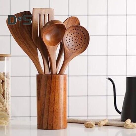 Set de ustensile de gătit din lemn 5/6 buc. Ustensile de bucătărie antiaderente cu suport Set de spatule de prindere confortabilă din lemn masiv Design ergonomic Ustensile de bucătărie pentru ușurință