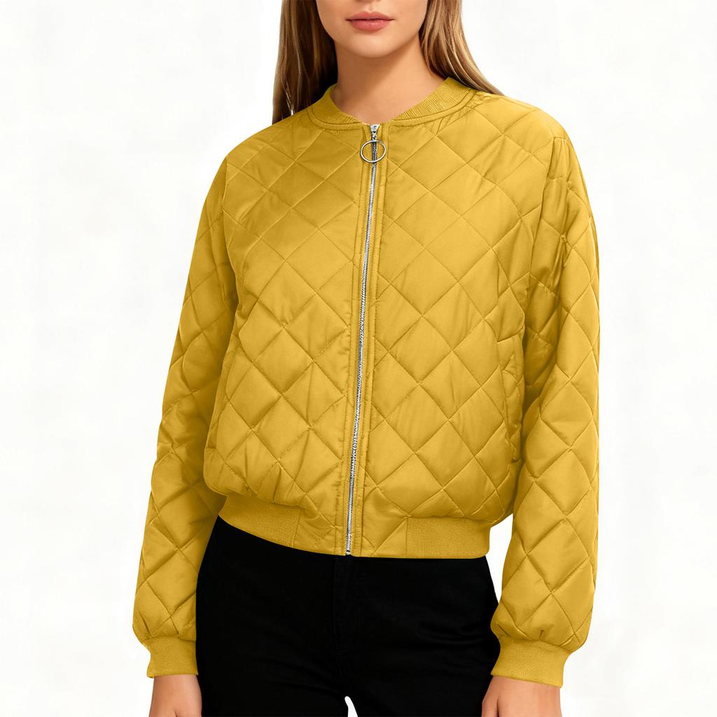 Ladies Zipper Long Sleeve Stand Collar Check Slim Baseball Padded Top Blouse Jacket Coat