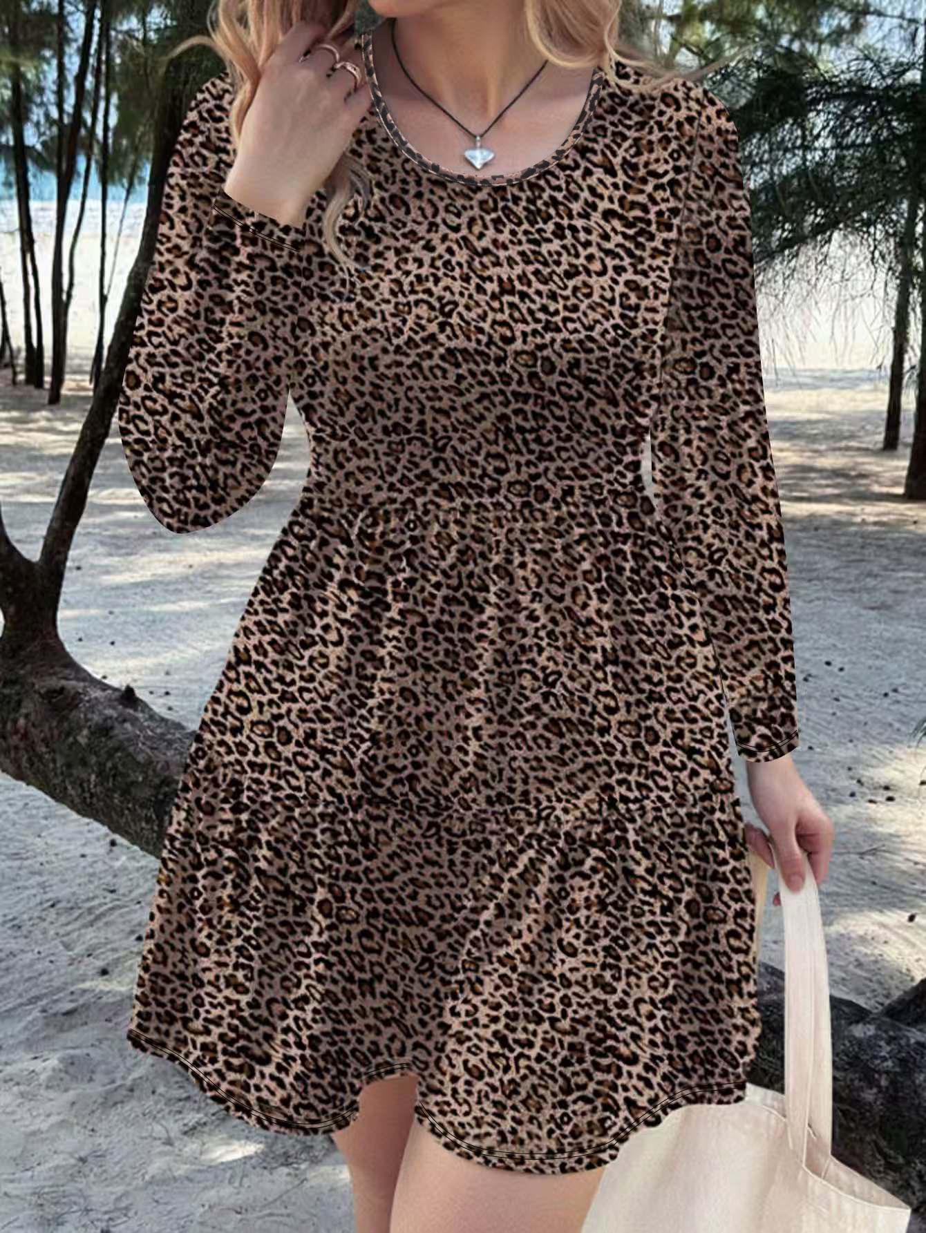 

European-American Retro Elegant Leopard Print Long Sleeve Dress, 2025 Edition XXL леопардовий