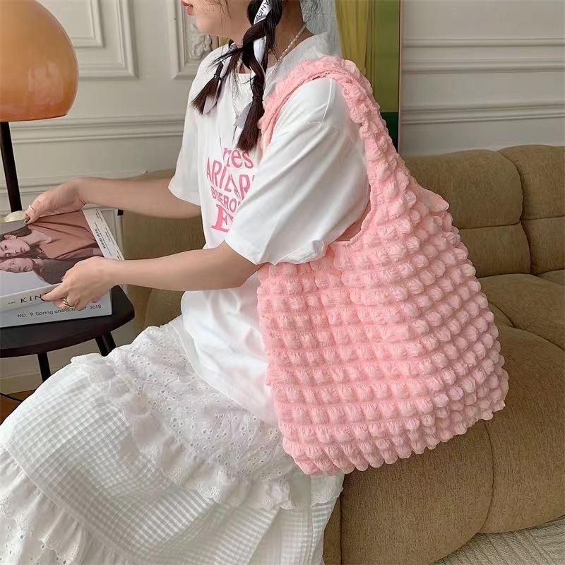Summer Pleated Bubble Cloud Women Shoulder Bag Vintage Candy Color Large Capacity Shopping Tote Bag 869₽