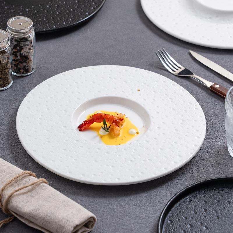 Minimalist Nordic Solid Color Ceramic Plate for Steak and Dessert, Mars Crater Rim Design