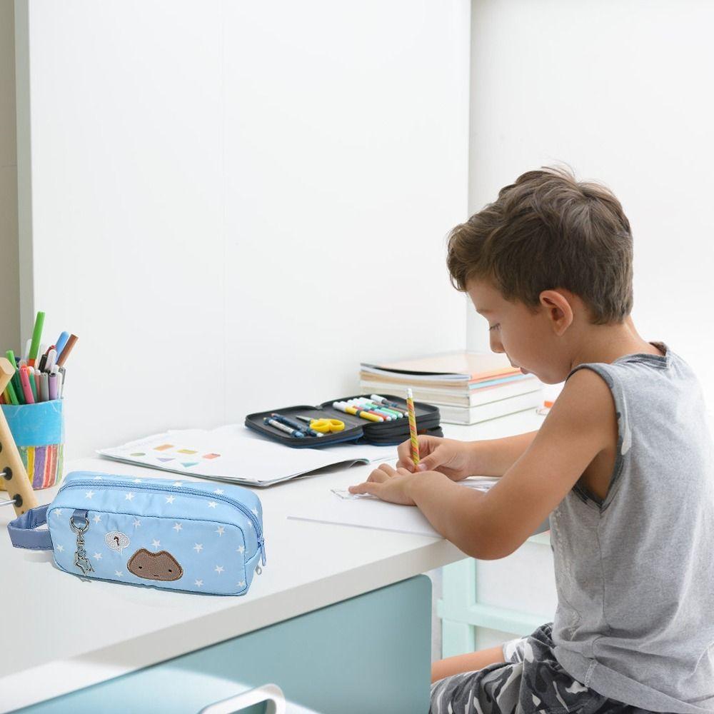 Multifunctional Blue Pen Bag Star Cat Pattern Large Capacity Pencil Case Portable Handheld Stationery Organizer Gift