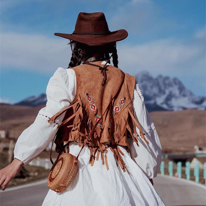 

Богемный Винтажный Жилет с Бахромой и Вышивкой Женский Короткий Жилет Этнический Стиль Наряд для Путешествий L