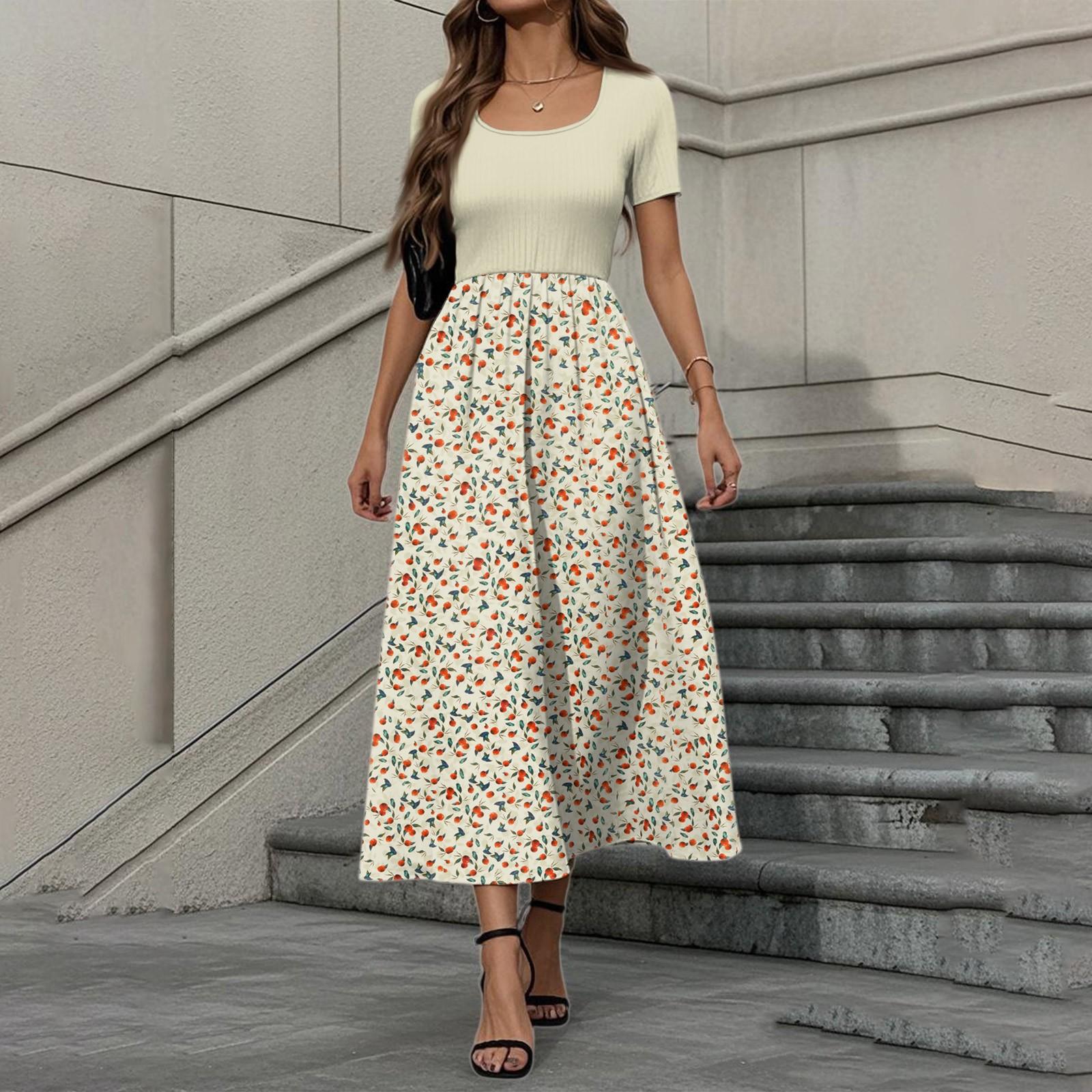 

Женское модное повседневное платье с коротким рукавом и круглым вырезом, с цветочным принтом, элегантное платье с темпераментом XL