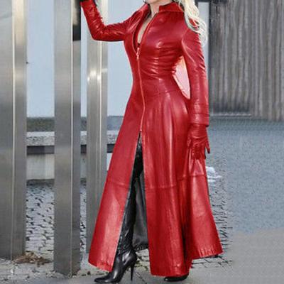 Giacca lunga da donna in ecopelle Colletto con bavero Abbottonatura con cerniera Cappotto cyberpunk Vita stretta Orlo diviso Giacca casual in tinta unita allentata Moda autunno