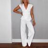 Damen einfarbig Wickel V-Ausschnitt Kurzarm Raffung Oberteil Weitbeinige Hose Metall-Detail Zweiteiliges Outfit Set