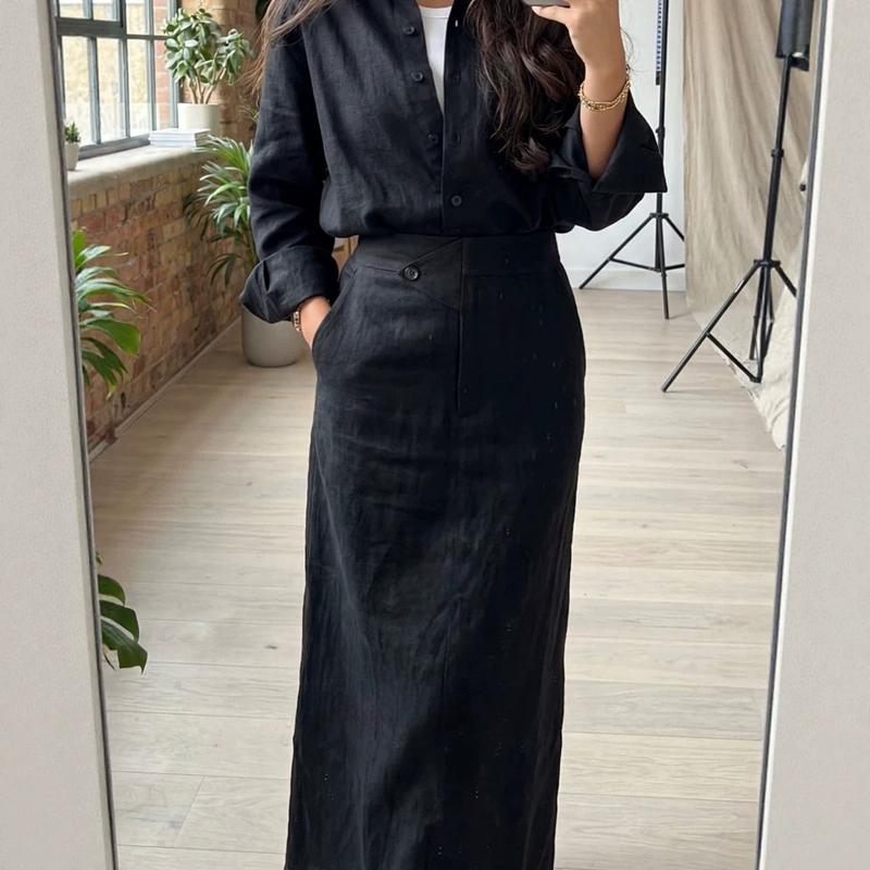 Elegant Women 2-Piece Linen Set Modest Oversized Button-Down Shirt + High Waist Maxi Skirt Casual Chic Co-ord Outfit for Spring