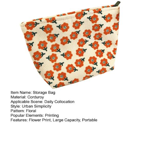 Flower Print Corduroy Cosmetic Bag Large Capacity Portable Smooth Zipper Multifunctional Travel Toiletry Makeup Lipstick Coins Phone Storage Pouch