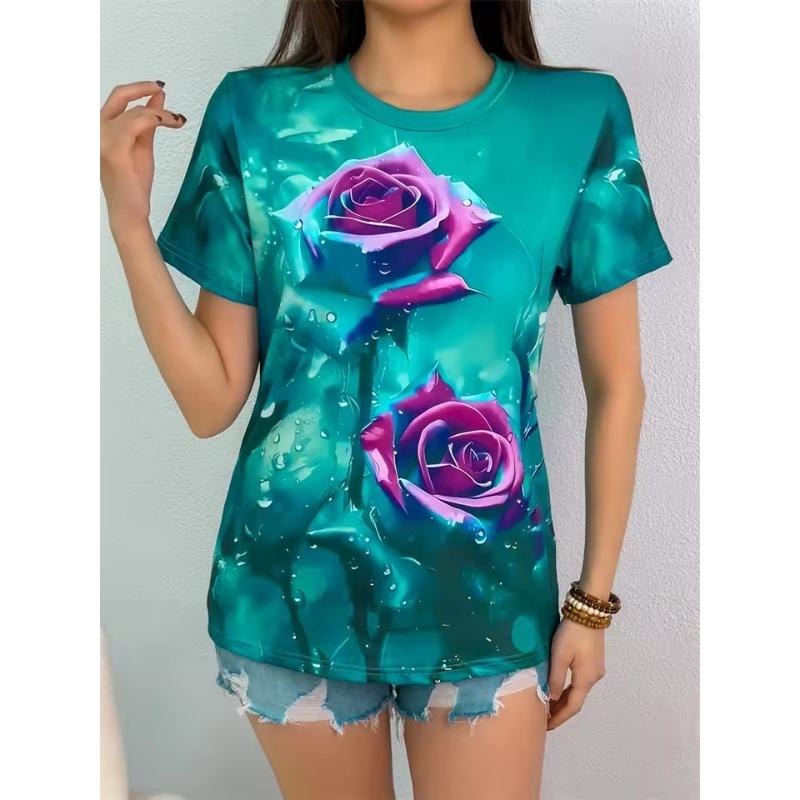 Casual Women's Short Sleeve Tops Colorblocking Floral 3D Print Round Neck Tops Fashion Short Sleeve T Shirt Women's Clothing